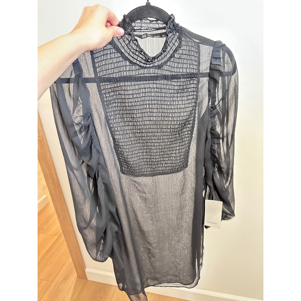 Zara Basic Black Sheer Smocked High Neck Mini Dress Long Ruched Sleeve NWT XS